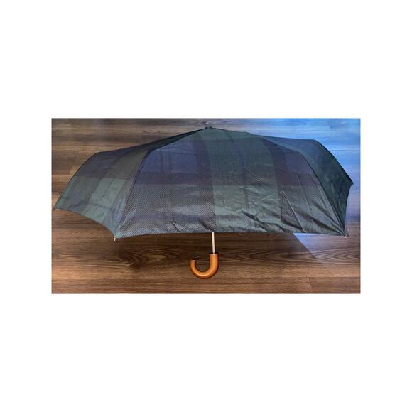 EUC Barbour Tartan Compact Umbrella | Green Blue Plaid w/ Wood curved Handle - Picture 6 of 10